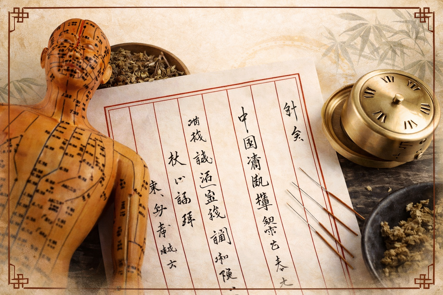 Traditional Chinese medicine setup with a wooden acupuncture model, a handwritten Chinese medicinal prescription, small needles, a clock, and dried herbs.
