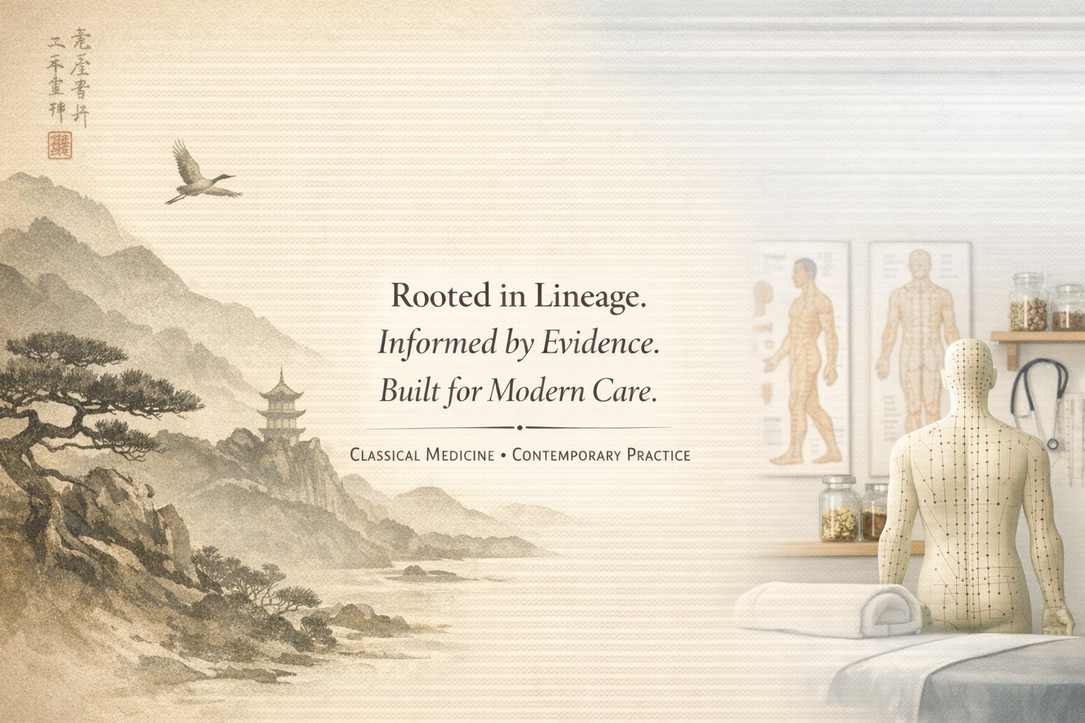 A treatment room with a mannequin covered in acupuncture points, medical charts on the wall, and small jars on a shelf, alongside a traditional Asian landscape background featuring mountains, trees, a pagoda, and a flying bird.