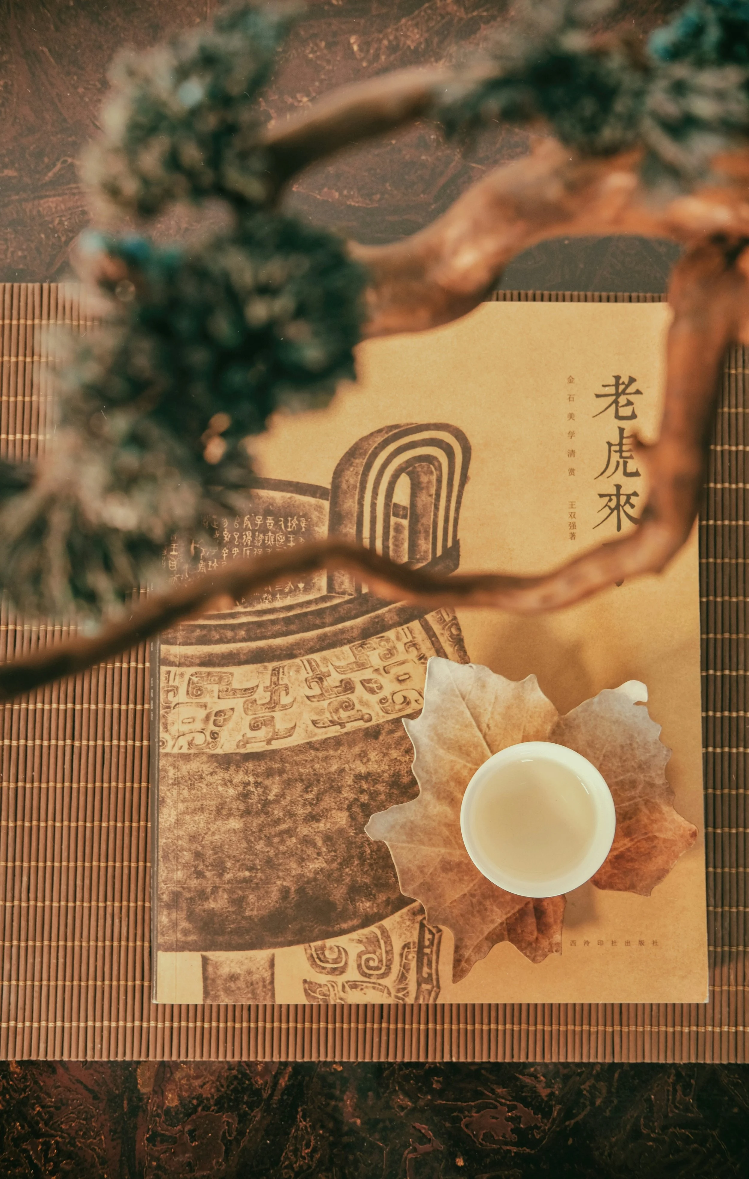 Top-down view of a table setting with a Chinese book, a leaf-shaped dish with a cup of tea, and dried autumn leaves, partially obscured by branches.