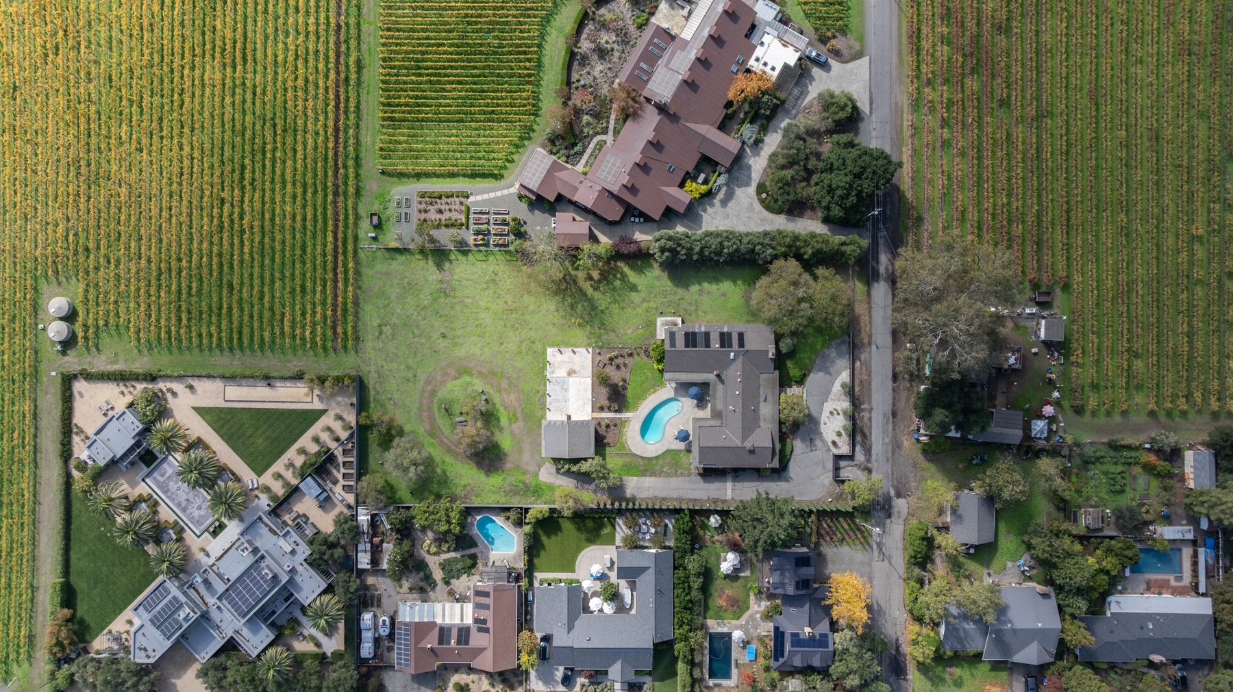 Aerial view of residential houses with swimming pools, green lawns, and surrounding farmland with vineyards.