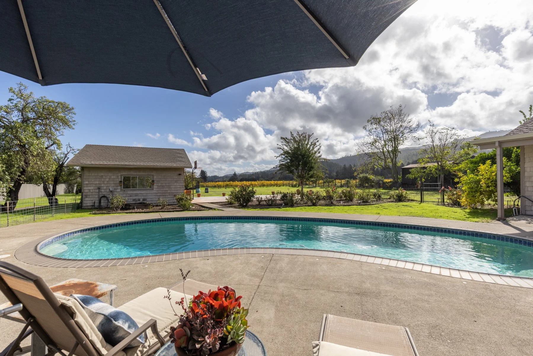 Residential backyard with a swimming pool shaded by an umbrella, lounge chairs, and a small table with a potted plant, surrounded by a grassy yard with trees, bushes, and a shed, under a partly cloudy sky.