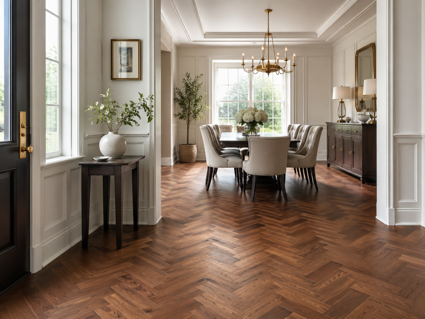 dining room herringbone flooring