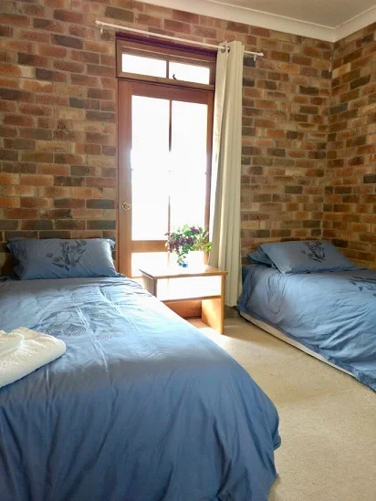 Two single beds with blue bedding in a bedroom with brick walls, a window with curtains, and a small table with a potted plant between the beds.