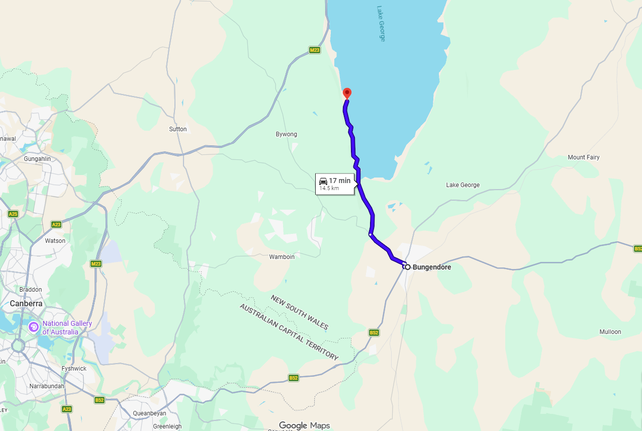Map showing a route from Bungendore to Lake George, about 14.5 kilometers, estimated travel time 17 minutes by car, located in New South Wales, Australia.