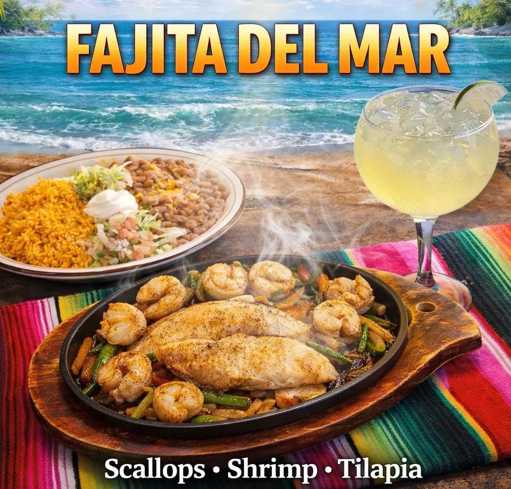 A colorful beach scene featuring a plate of seafood including tilapia and shrimp, a side of rice and beans, and a glass of margarita with lemon, set on a vibrant multicolored tablecloth with the title 'Fajita del Mar' and text 'Scallops, Shrimp, Tila