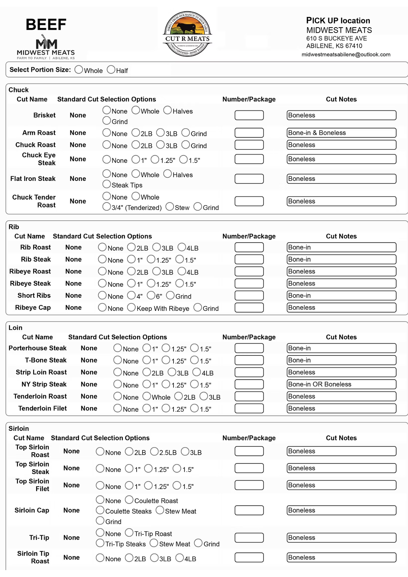 A meat order form from Midwest Meats featuring various cuts of beef, pork, lamb, and veal, with options for portion size, cut style, package quantity, and special notes.