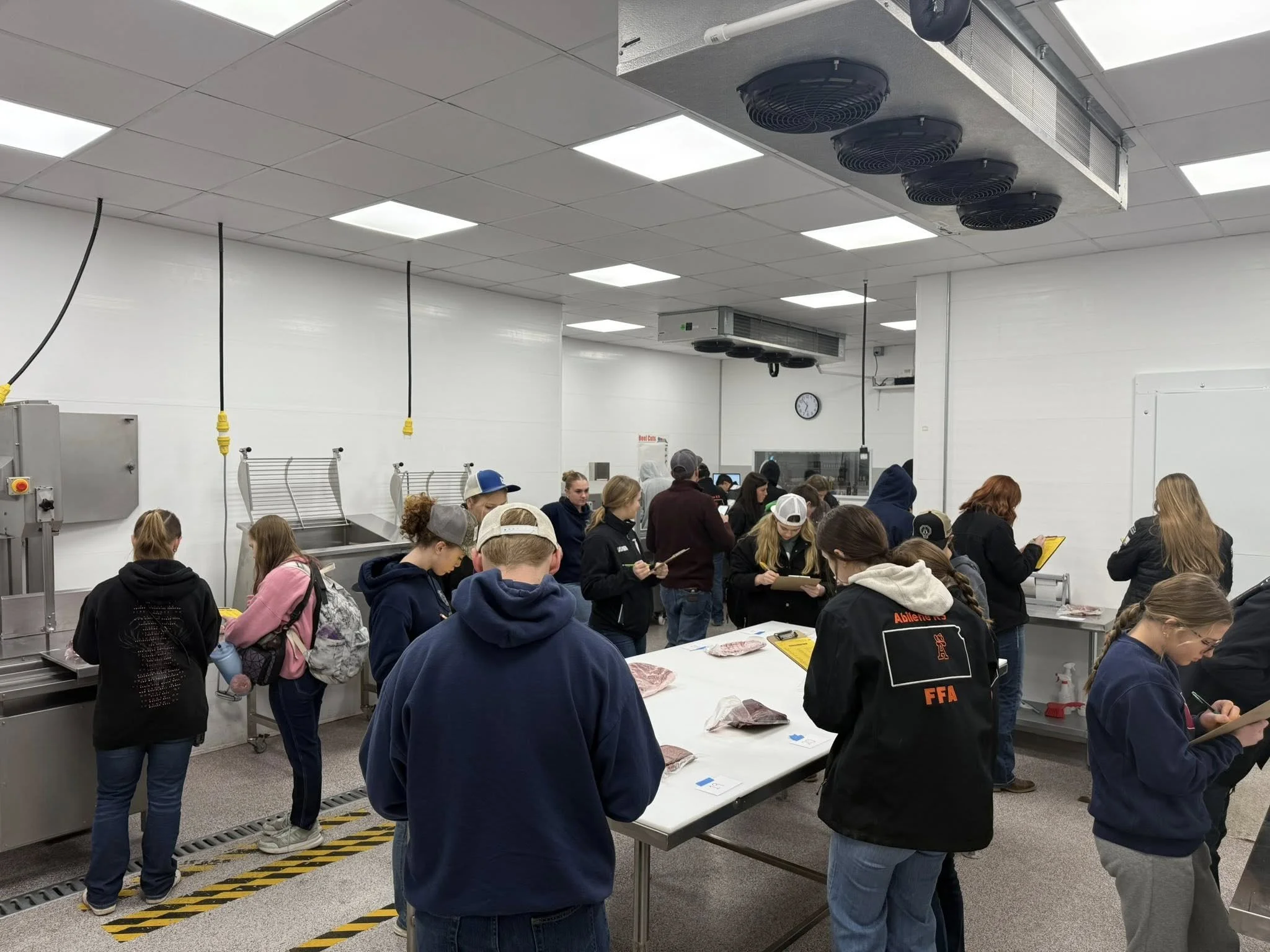 People in a meat processing or inspection room examining and marking pieces of meat on a long table.