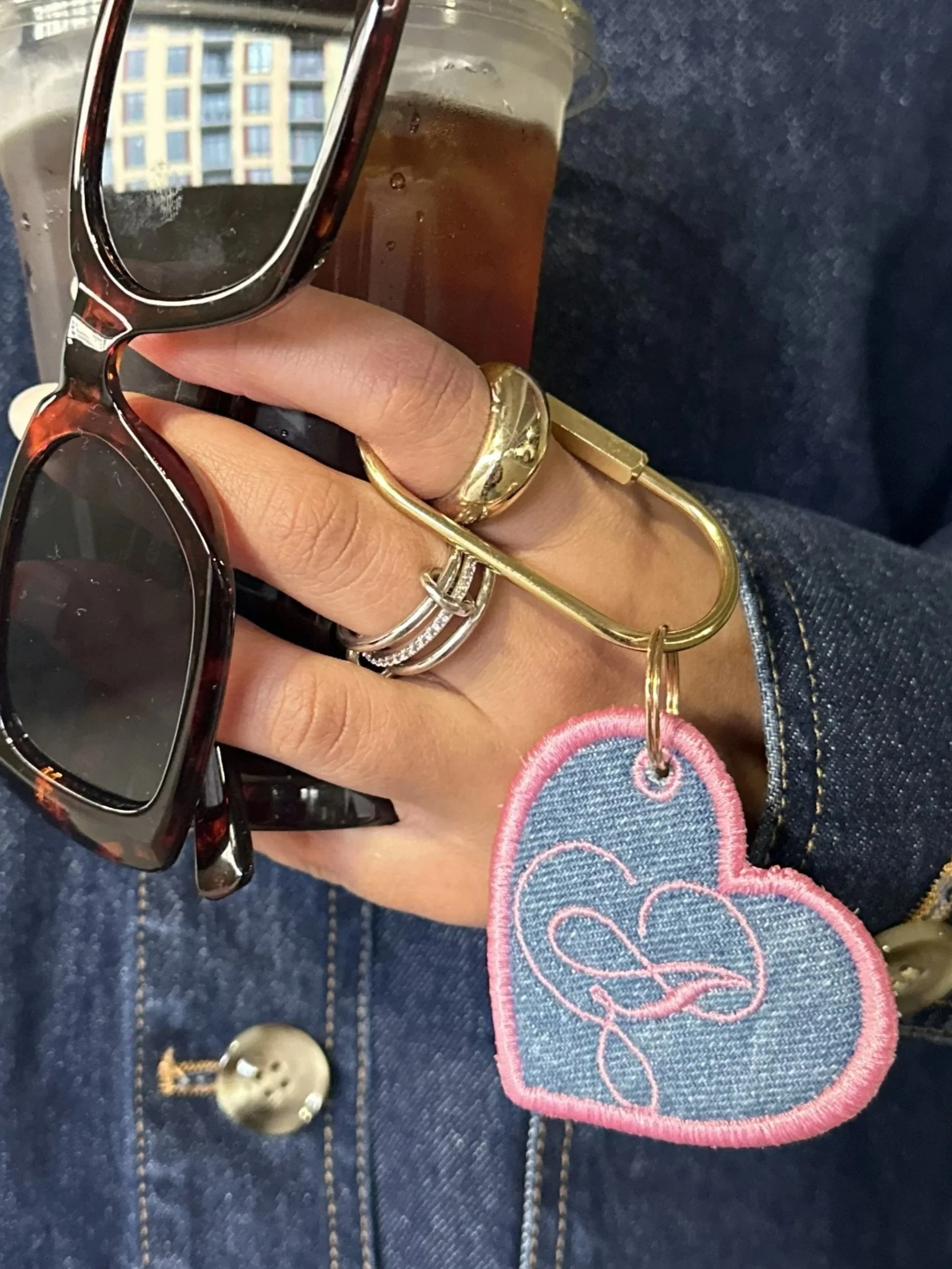 Personalized embroidered heart keychain with monogram initial and brass clip