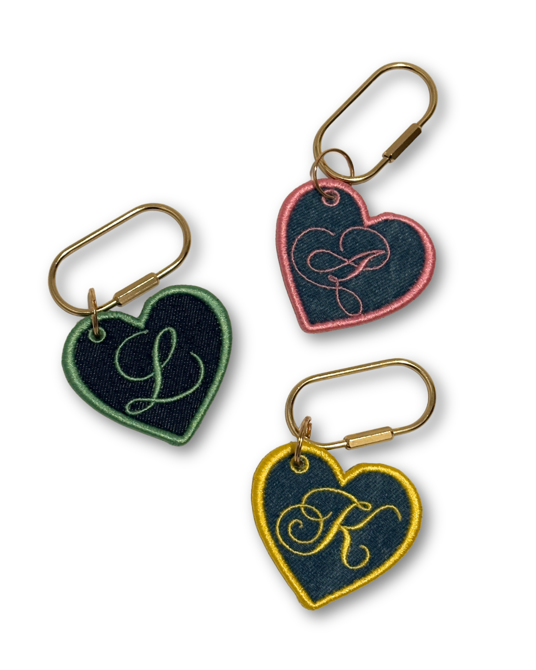 Custom embroidered initial heart charms for bridal party