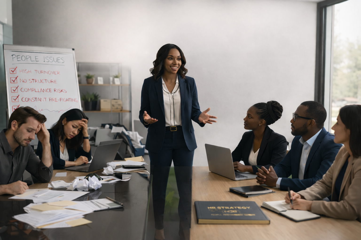 Businesswoman presenting to colleagues in a conference room with a whiteboard listing 'People Issues' such as high turnover, no structure, compliance risks, and constant fire-fighting; colleagues look stressed or attentive.