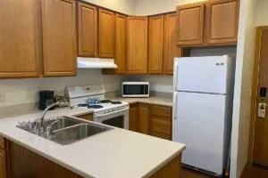 Kitchen with wooden cabinets, white countertops, white stove, microwave, and refrigerator, with a double sink.