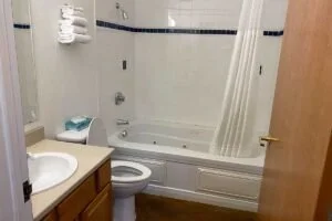 Bathroom with bathtub, shower curtain, toilet, sink, and wooden cabinet.