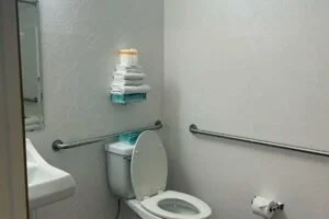 A bathroom with a toilet, a wall-mounted shelf holding folded towels, and a grab bar on the wall.