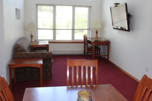 A living room with two brown sofas and a wooden dining table with chairs. There are lamps on side tables and a window in the background. A flat-screen TV is mounted on the wall.