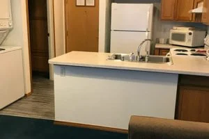 Kitchen with a white refrigerator, microwave, and stove, and wooden cabinets, viewed from the living area.