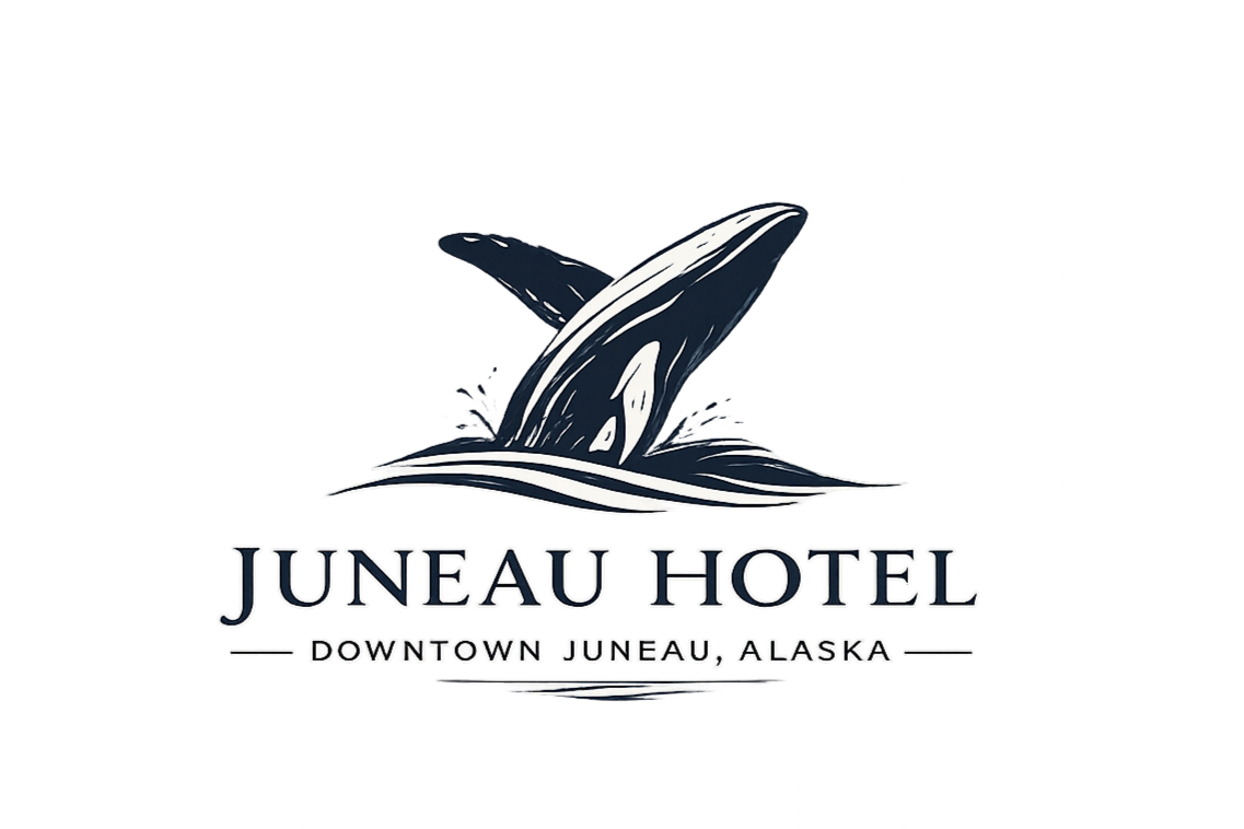 Logo for Juneau Hotel featuring a whale breaching and text indicating location in Downtown Juneau, Alaska.