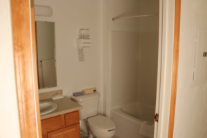 Bathroom with a sink, mirror, toilet, and bathtub with shower curtain