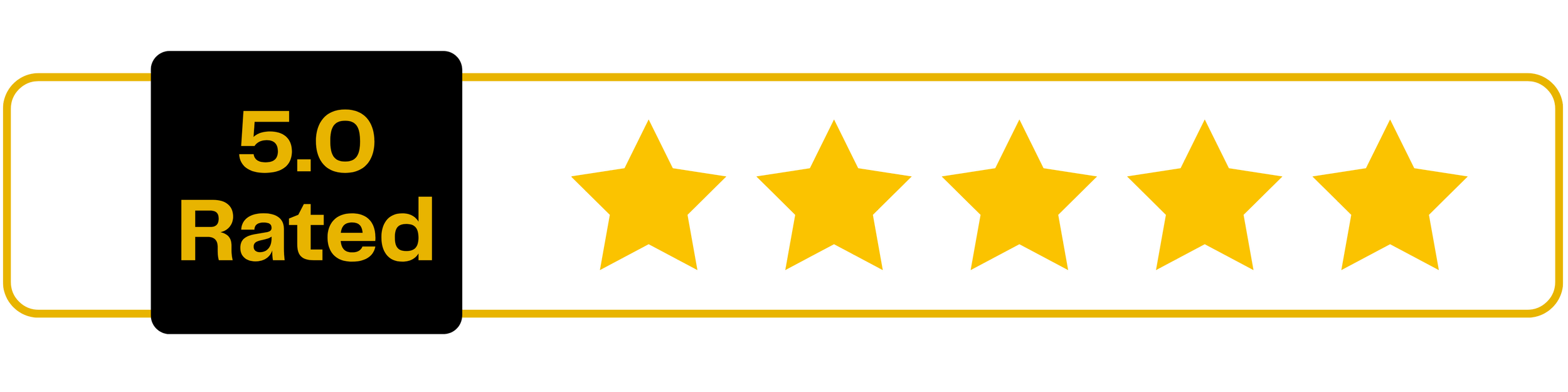 A black badge with yellow text and stars showing a 5-star rating and a 5.0 rating score.