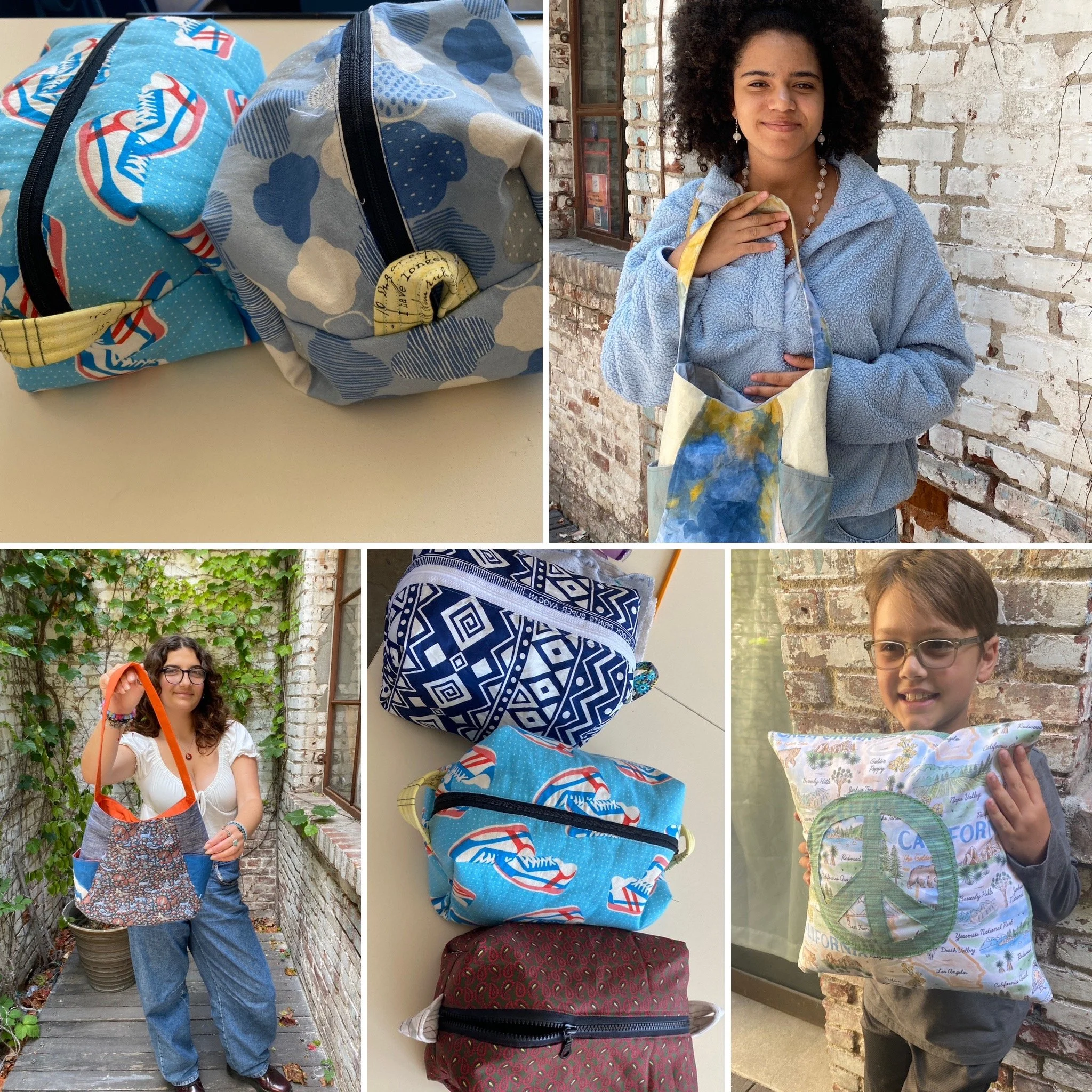A collage of images showing various fabric bags and children holding or displaying the bags. The bags have colorful patterns, and the children appear happy.