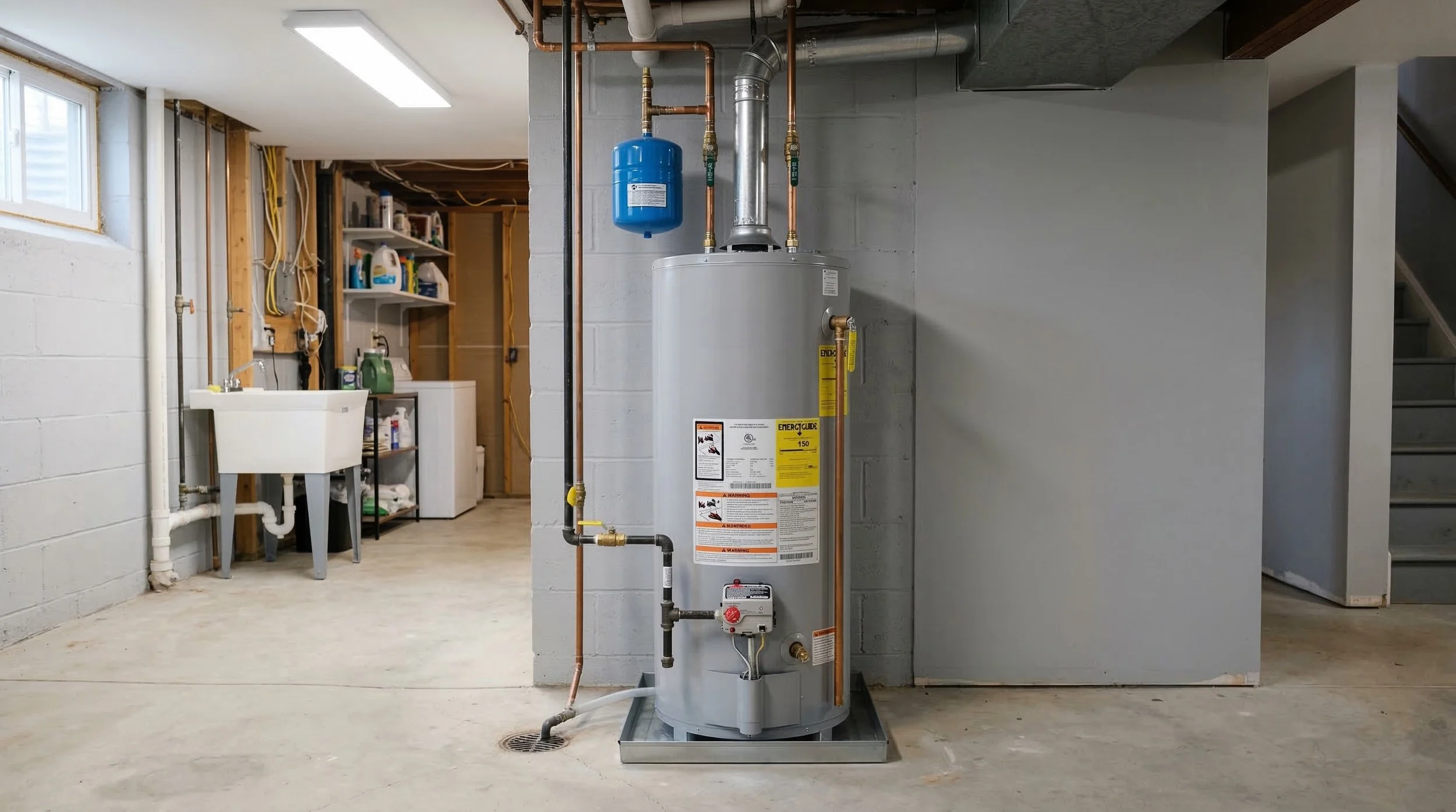 Indoor basement utility room with a white water heater, a utility sink, shelves with cleaning supplies, and an unfinished wall with pipes and cables.