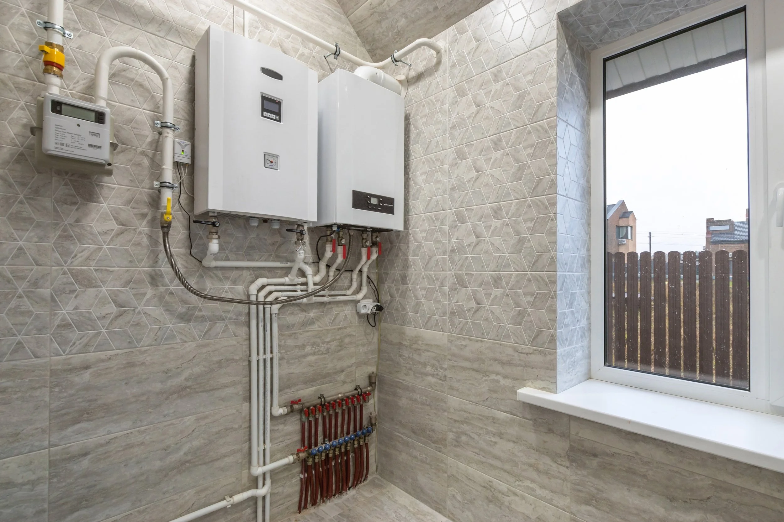 Utility room with wall-mounted boiler, pipes, and a window showing an outdoor scene with houses and a wooden fence.