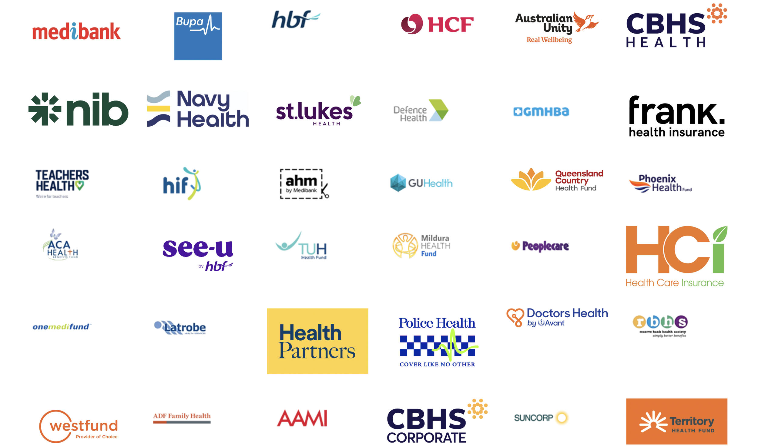 Collage of various health-related logos, including Medibank, Bupa, HBF, HCF, Australian Unity, CBHS Health, nib, Navy Health, St. Luke's Health, Defence Health, GMHBA, Frank Health Insurance, Teachers Health, HIF, AHM by Medibank, GU Health, Queensland Country, Phoenix Health Fund, ACA Health, See-u by HLF, TUH, Mildura Health Fund, PeopleCare, HCI, OneMedifund, Latrobe, Health Partners, Police Health, Doctors Health by Avant, Reserving Bank Health Society, Westfund, ADF Family Health, AAMI, CBHS Corporate, Suncorp, and Territory Health Fund.