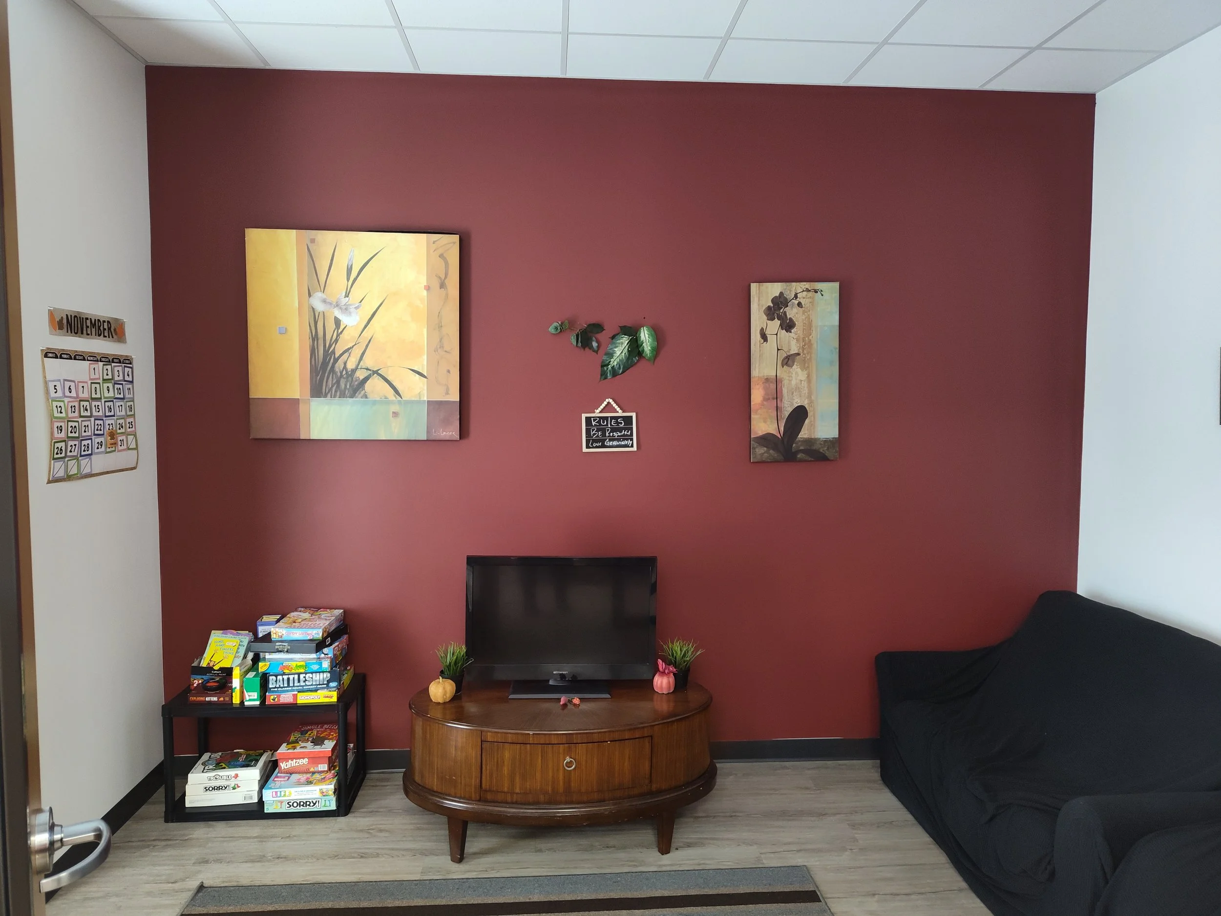 Living room with a red accent wall, decorated with two paintings, a small black chalkboard sign, and a leafy wall decoration. A small TV sits on a wooden TV stand, flanked by small potted plants with pink pots. To the left, a black bookshelf holds va
