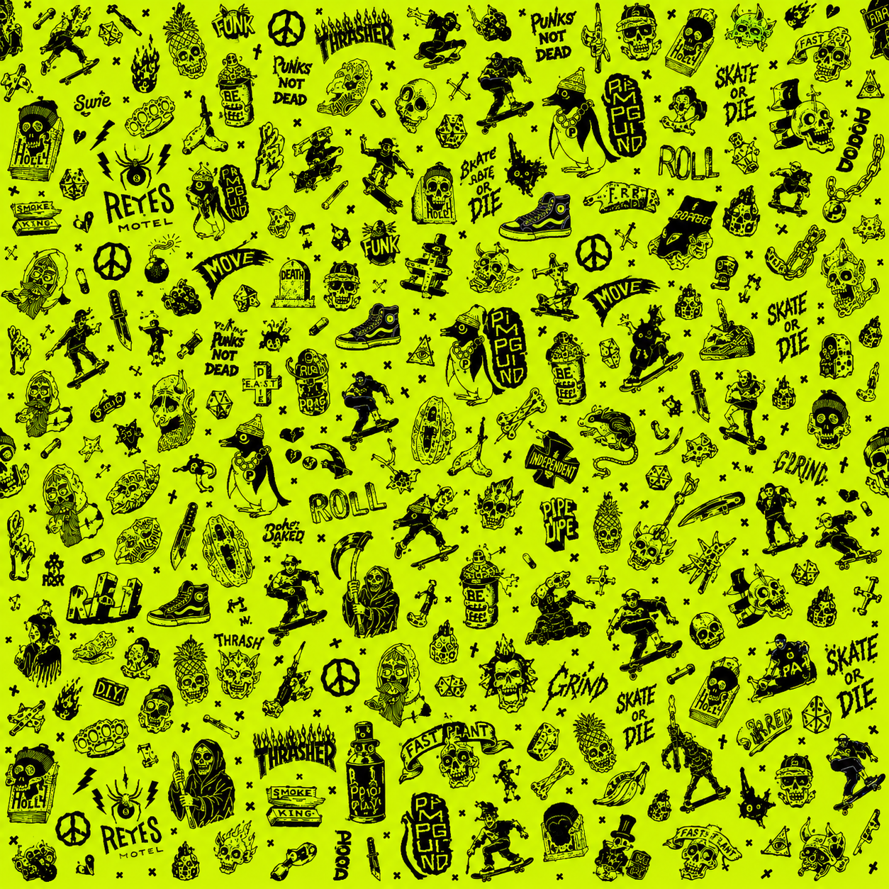 A vibrant yellow background with numerous black graffiti-style illustrations and words, including skulls, skateboards, bones, dice, peace signs, spray paint cans, and phrases like 'Skate or Die,' 'Rebels Motel,' 'Roll,' 'Grind,' 'Thrasher,' and 'Punks Not Dead.' The pattern features punk and skate culture icons and symbols.