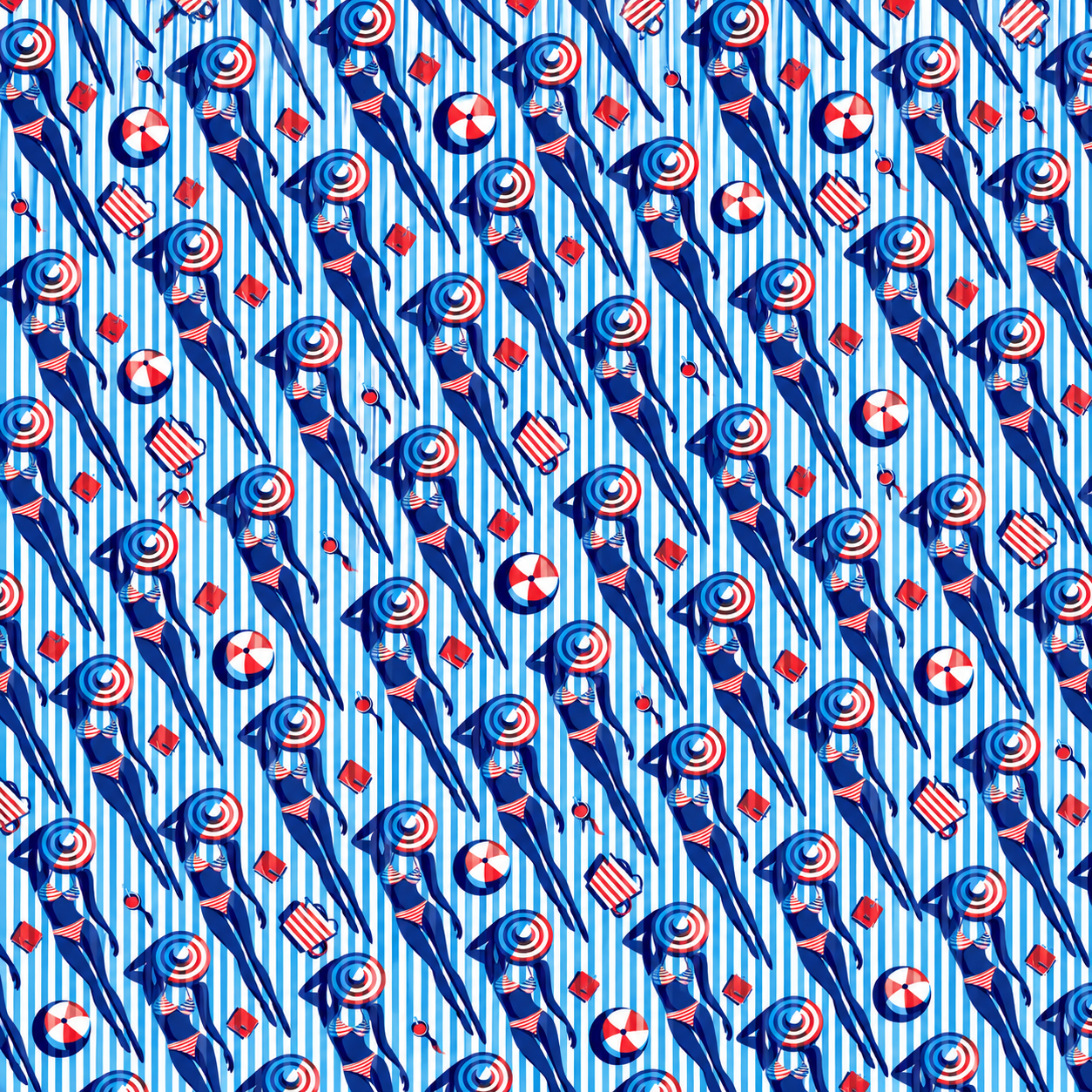 Pattern of illustrated women in swimsuits with umbrellas, beach balls, and bags, all in red, white, and blue colors, on a striped background.
