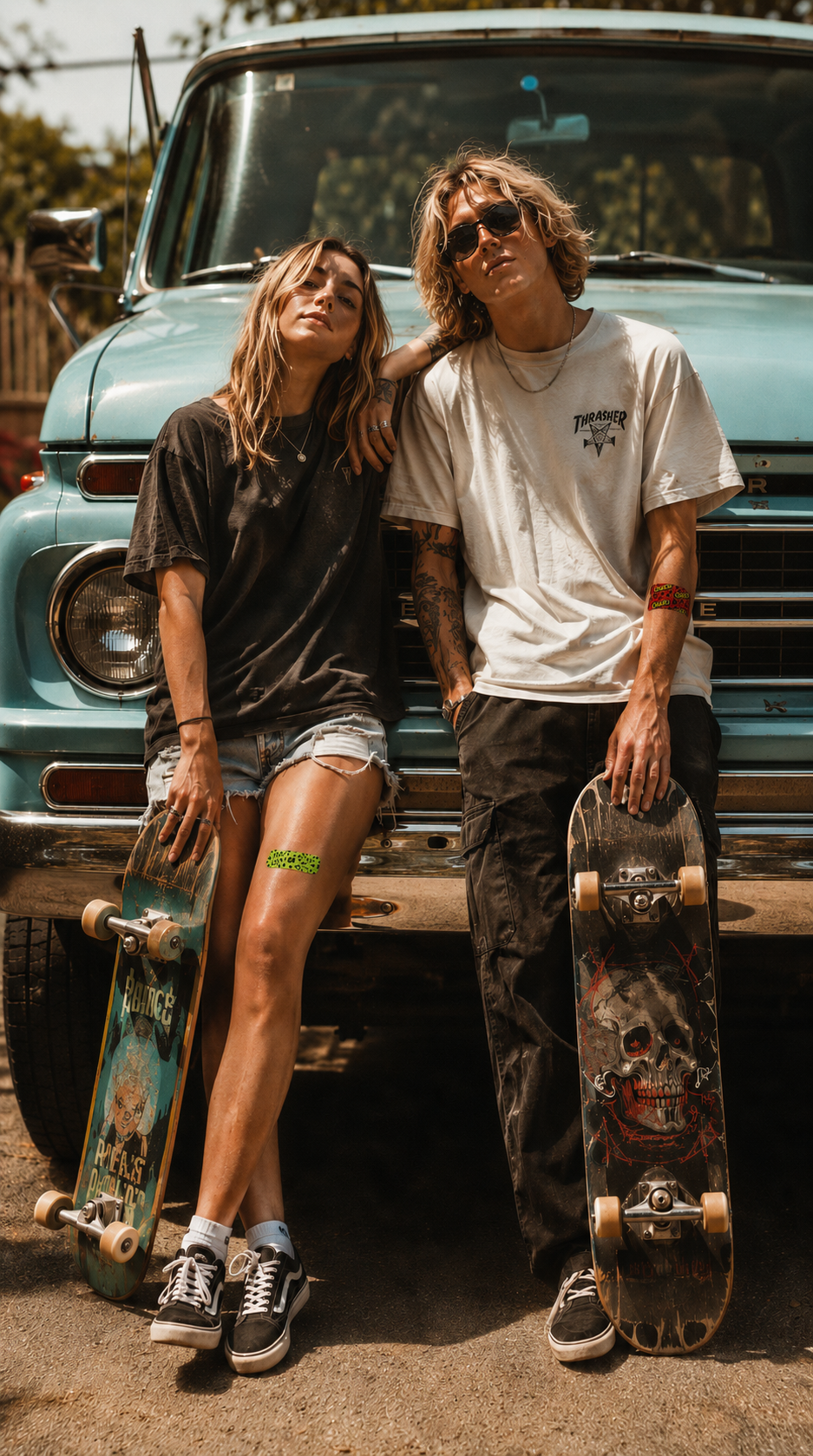 A young woman and a young man stand in front of a vintage blue van, holding skateboards. The woman has blonde hair, wears a black graphic t-shirt, distressed denim shorts, and Vans sneakers, with a bandage on her thigh. The man has blonde curly hair, wears sunglasses, a white Thrasher t-shirt, black pants, and sneakers, with tattoos on his arms. The woman leans her head on the man's shoulder, and the man has his hand in his pocket. They are outdoors on a sunny day.