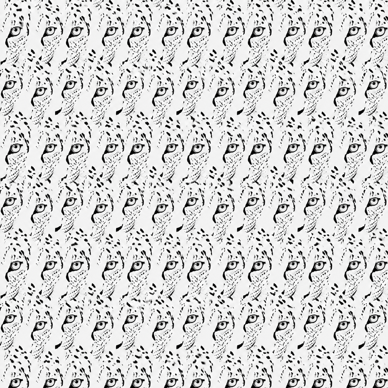 Repeating pattern of a stylized black and white jaguar face with spots.