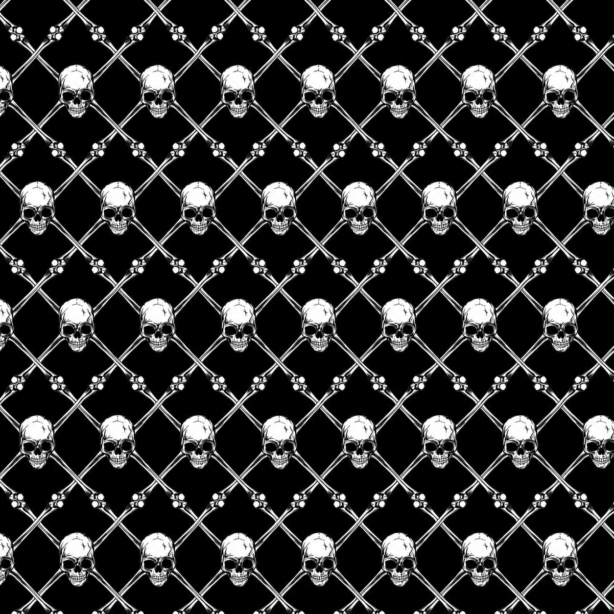 Pattern of white skulls and crossed swords on a black background.