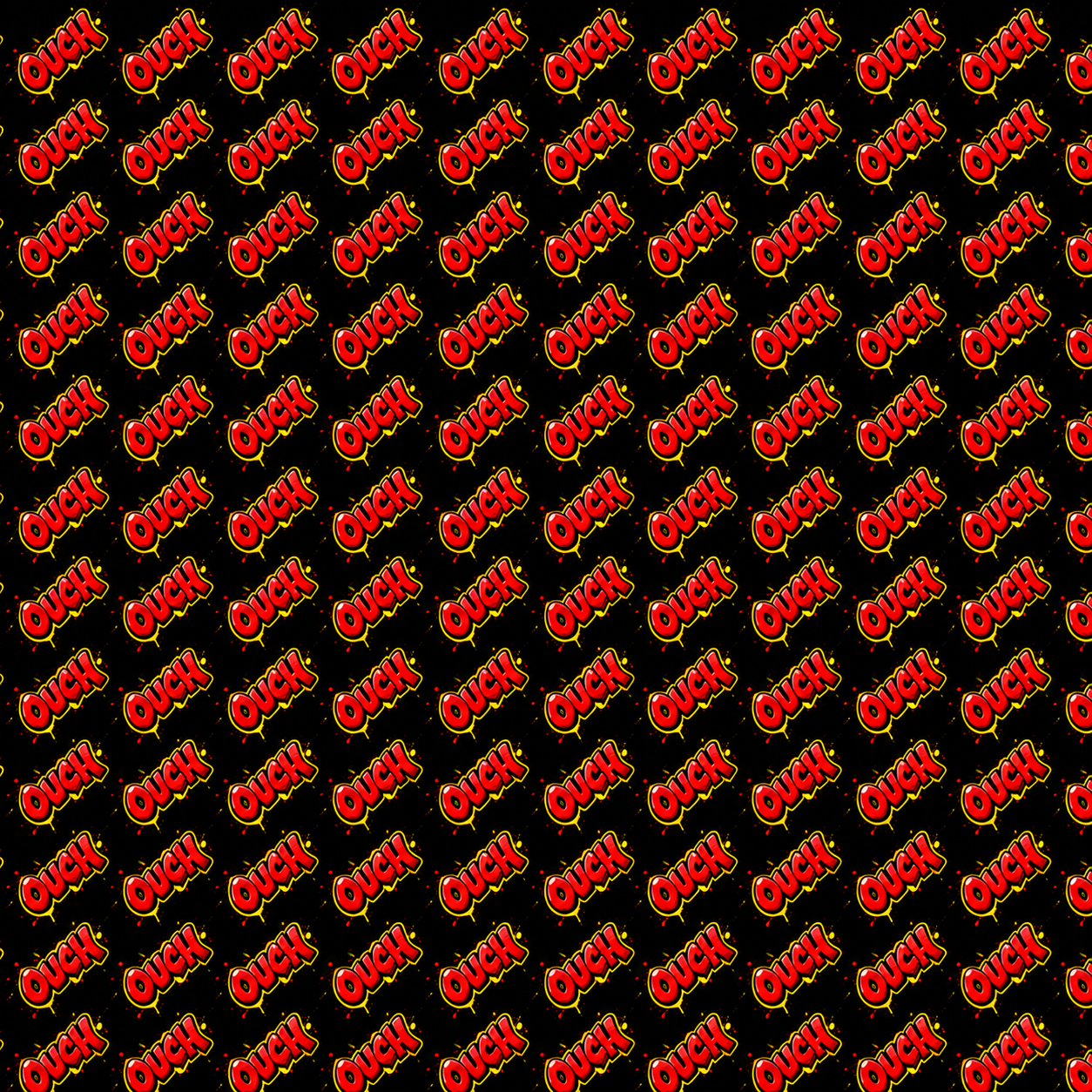 Pattern of the word "Ouch" in bold red and yellow letters on a black background with small yellow and red particles.