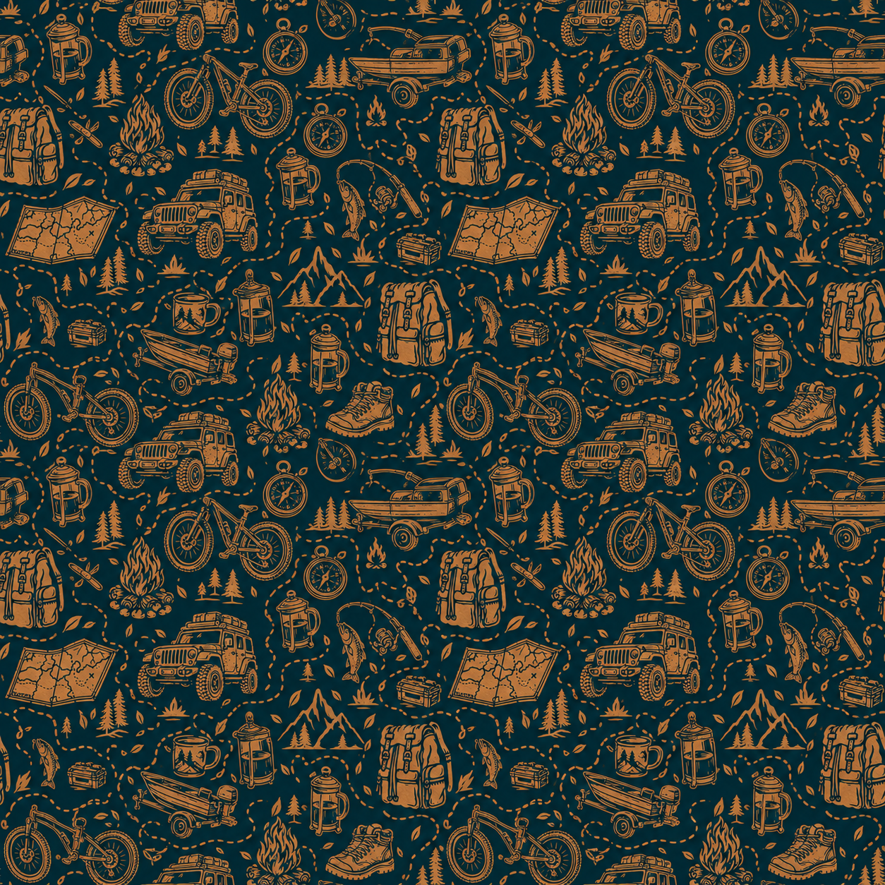 Pattern of outdoor adventure icons including cars, bikes, tents, mountains, campfires, backpacks, fishing rods, boots, lanterns, maps, and compasses on a dark background