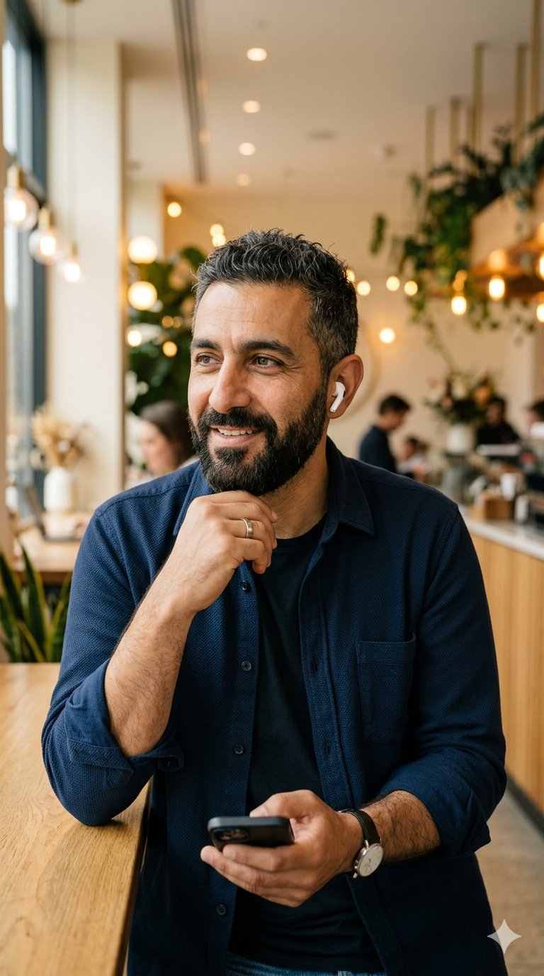 A man with dark hair and a beard sitting at a wooden table in a cafe, wearing a navy blue shirt, holding a smartphone in one hand, and wearing wireless earbuds. The cafe has warm lighting, plants, and other customers in the background.