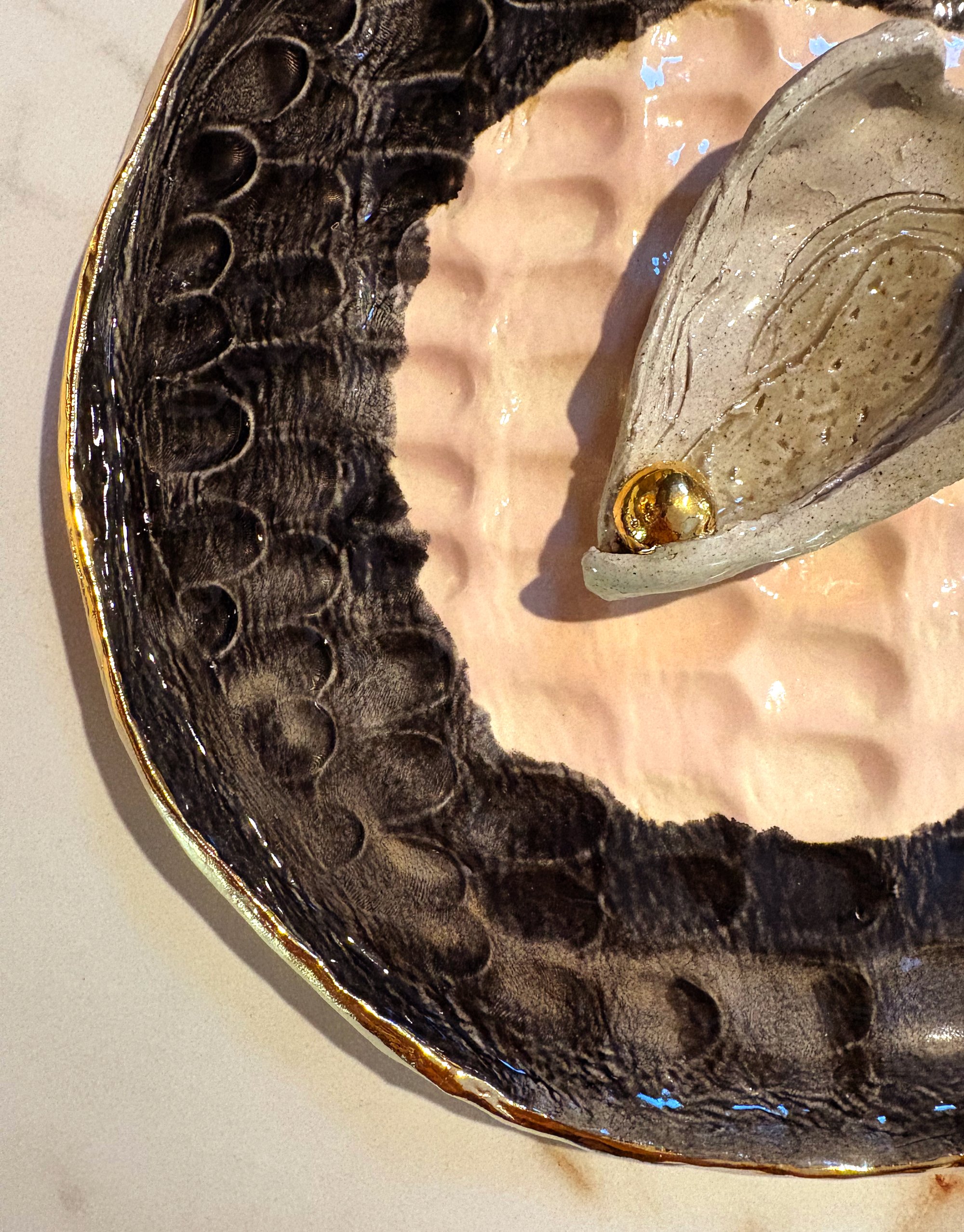 Hand-built Oyster Plate and condiments dish by Miriam McWilliam of Slow Rise Ceramics.