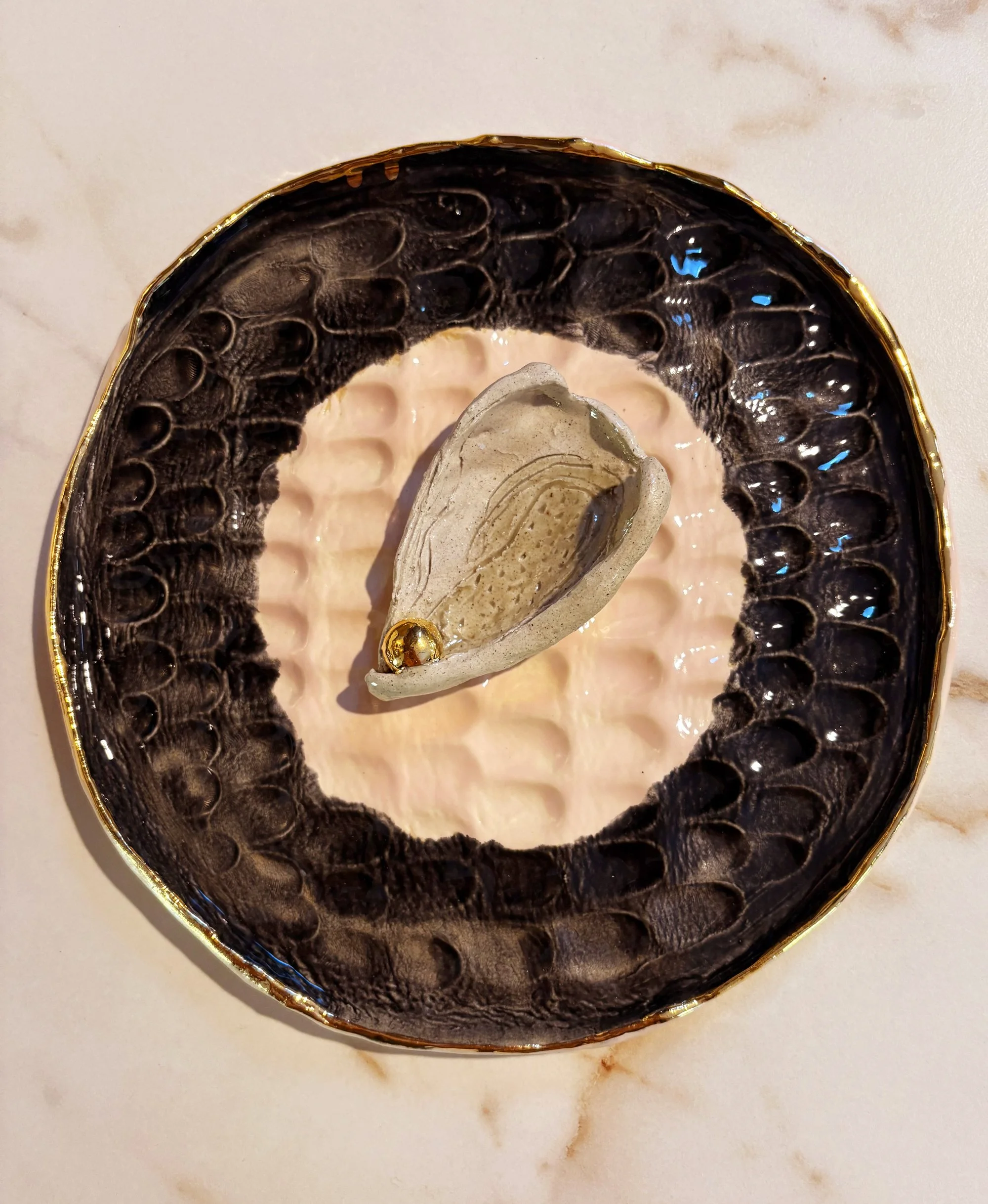 Hand-built Oyster Plate and condiments dish by Miriam McWilliam of Slow Rise Ceramics.