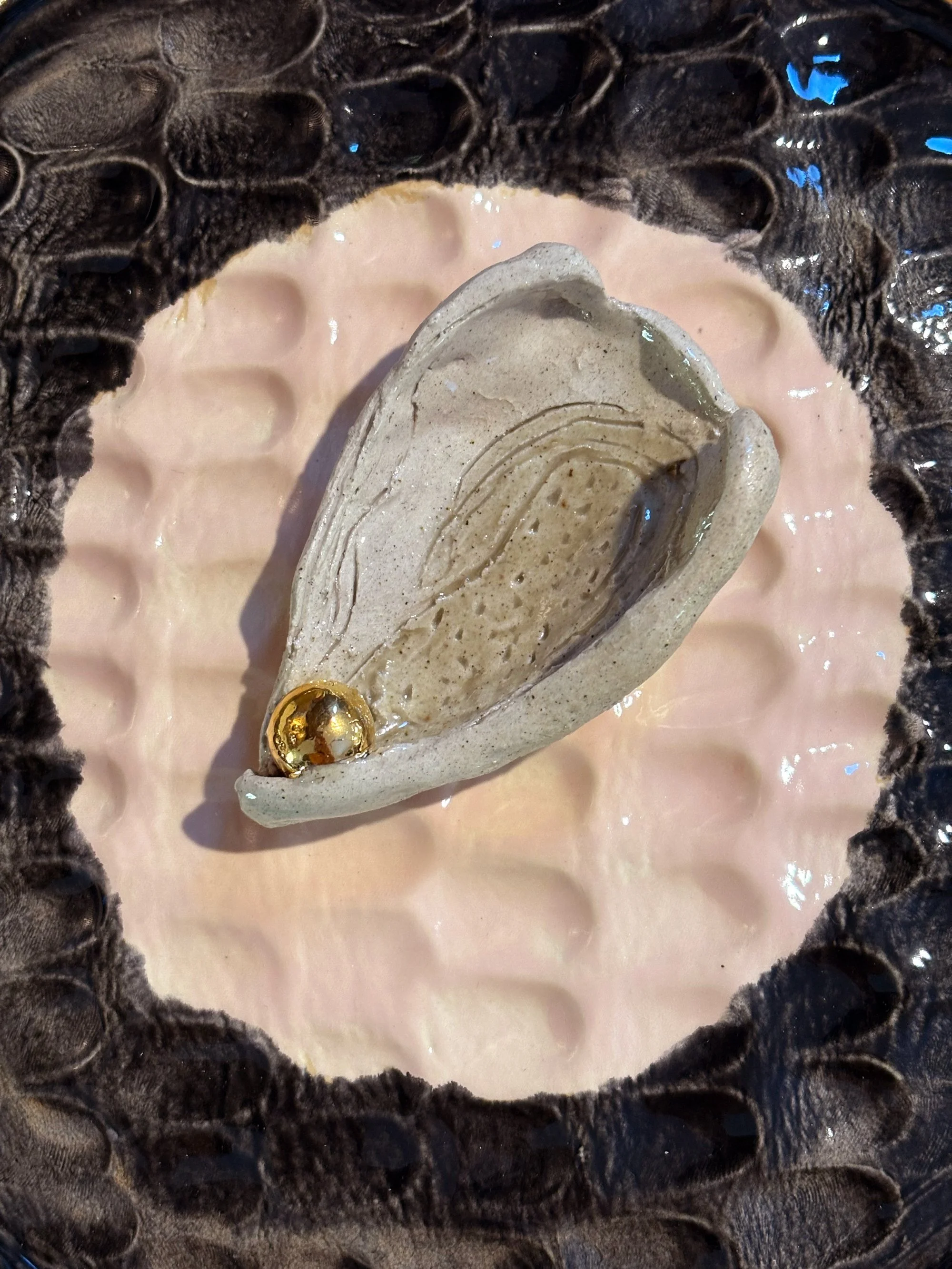 Hand-built Oyster Plate and condiments dish by Miriam McWilliam of Slow Rise Ceramics.