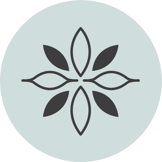 Abstract floral design in black on a light blue circular background.