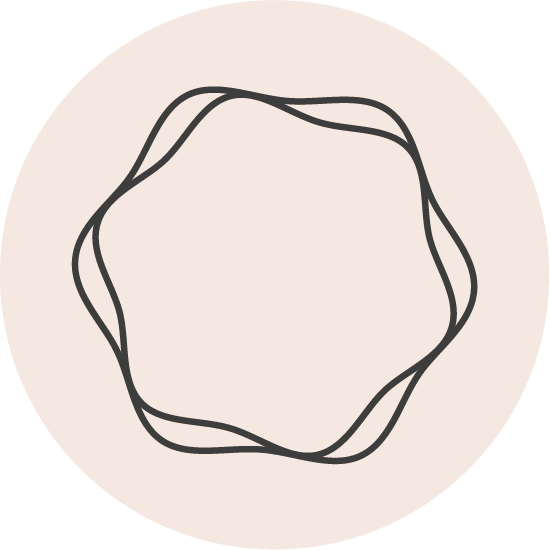 An abstract design featuring three irregular, wavy black lines forming a rough circular shape on a beige background.