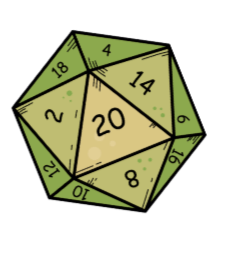 A green 20-sided d20 die with various numbers on each face, including 2, 4, 6, 8, 10, 12, 14, 18, and 20, commonly used in tabletop role-playing games.