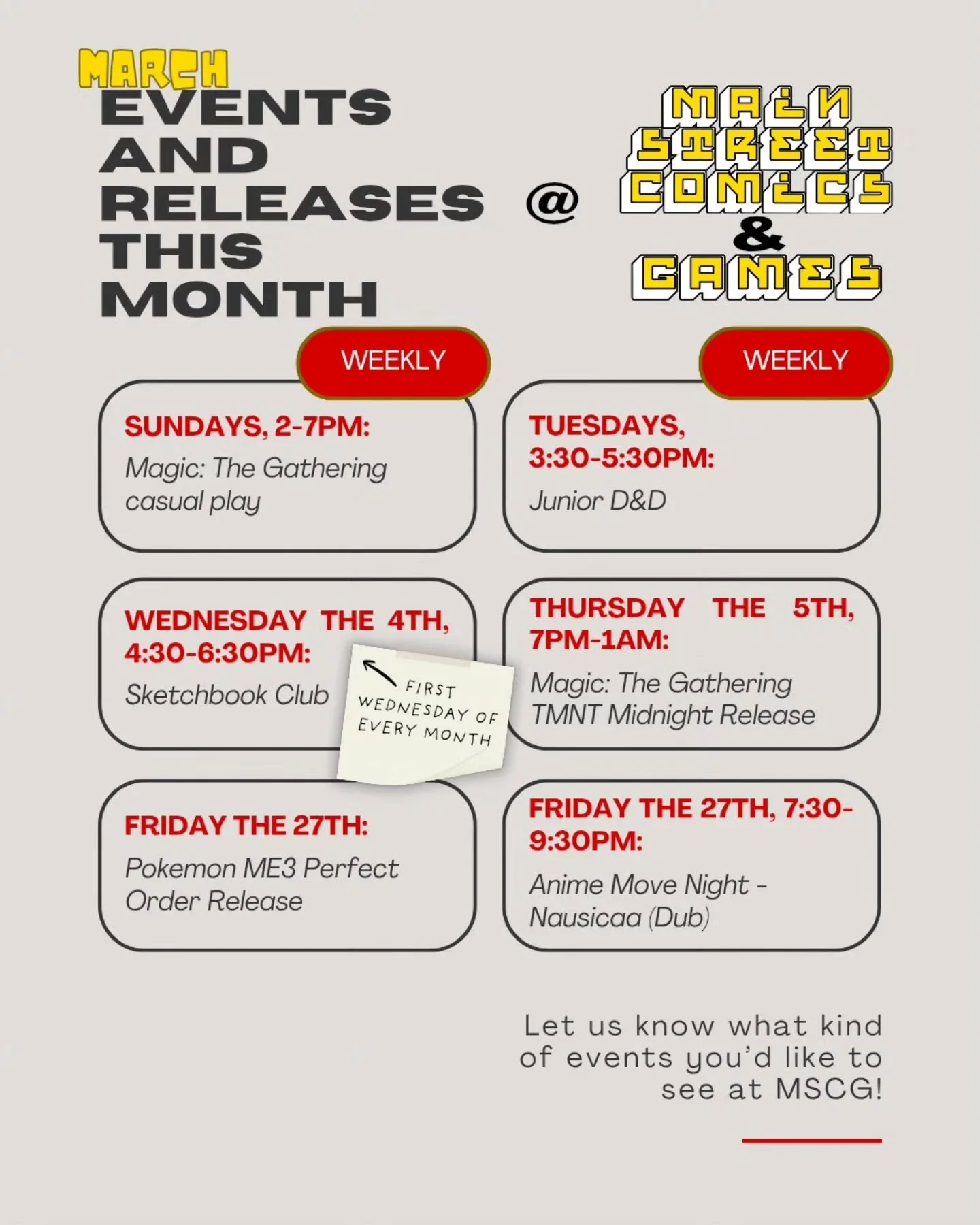 Happy March~ 

A new month means we've got new events in store&mdash;like Sketchbook Club! Our first meeting was March 4, and is recurring on the first Wednesday of every month from 4:30-6:30pm. It's free and for all ages, so bring your sketchbook, s