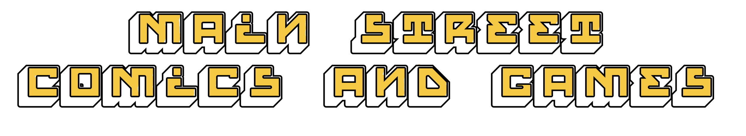 Text reading "MEN STREET COMICS AND GAMES" in bold, blocky yellow and black lettering with a 3D effect on a black background.