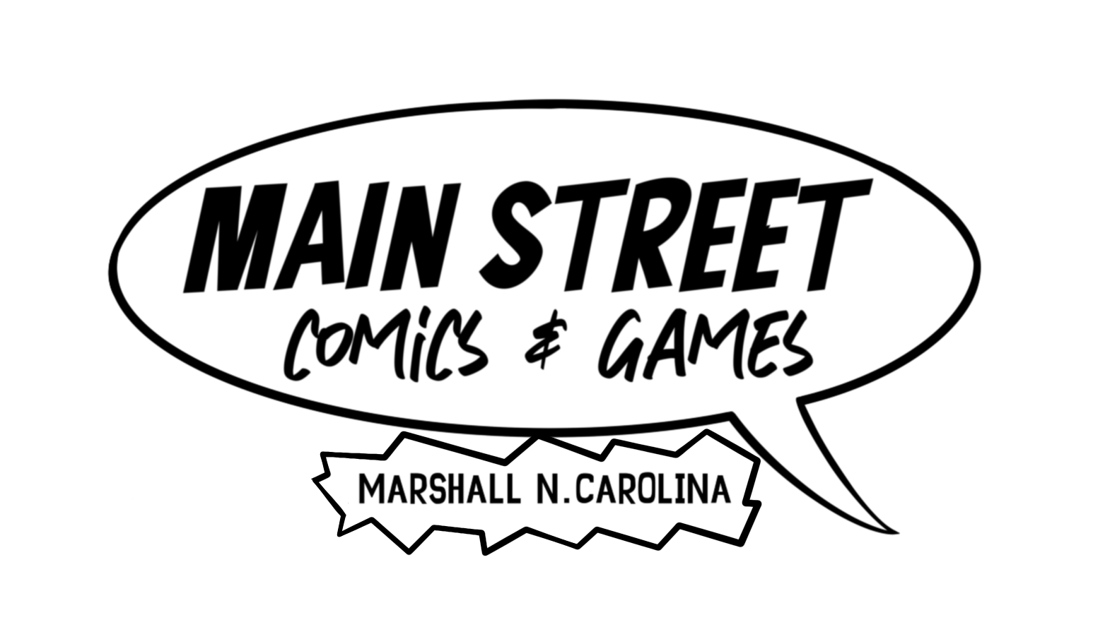 Logo for Main Street Comics & Games with the location Marshall, N. Carolina.
