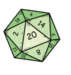A colorful 3D dodecahedron with numbered faces, 4, 6, 8, 10, 12, 14, 16, 18, 20, and 21, each face shaded in different shades of green and black outlines.