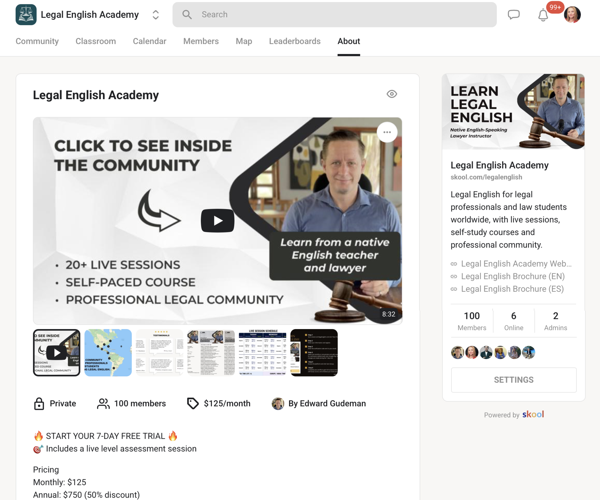 Screenshot of a Facebook community page for 'Legal English Academy,' showing a promotional image with a man holding a gavel and text about legal English courses. The page highlights include the community's name, member count, pricing, and details about the course offerings.