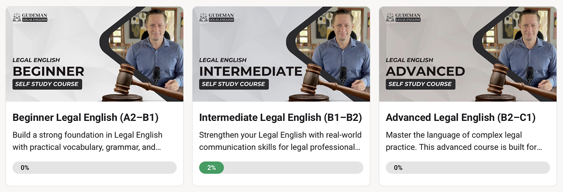 Three online legal English courses: Beginner, Intermediate, and Advanced, each with a man's photo, a gavel graphic, and course details.