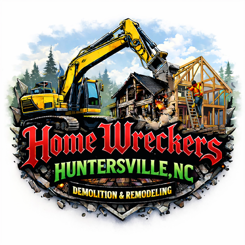 The Home Wreckers logo. A yellow excavator demolishing part of a house, with a construction worker on a ladder remodeling the house, surrounded by trees and blue sky, promoting Home Wreckers demolition and remodeling in Huntersville, NC.