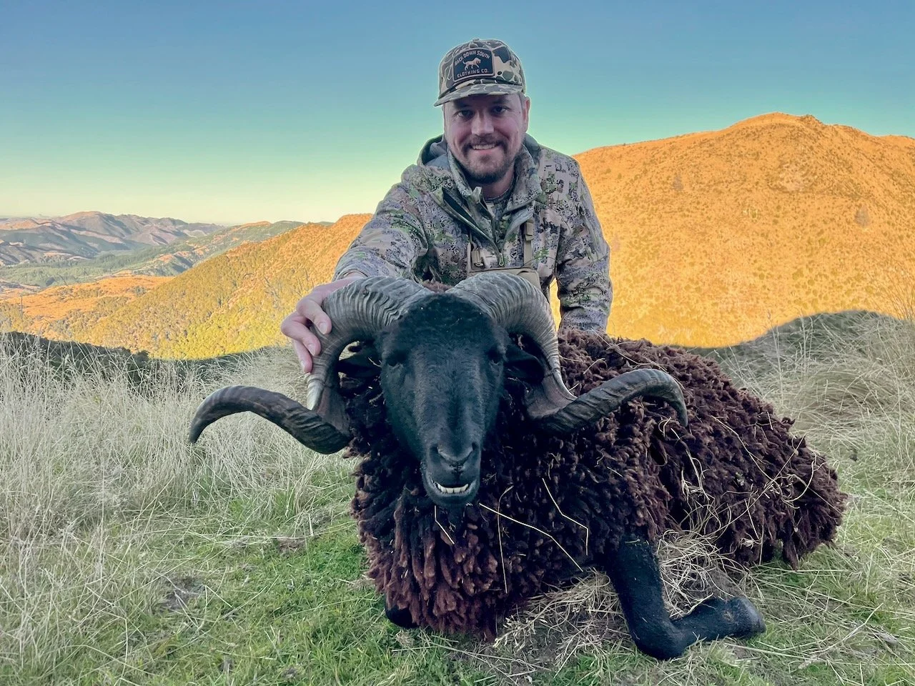 A man in camouflage clothing kneels on a grassy hill, holding a large ram with a black face and curved horns. In the background, rolling hills and mountains are visible under a clear sky.