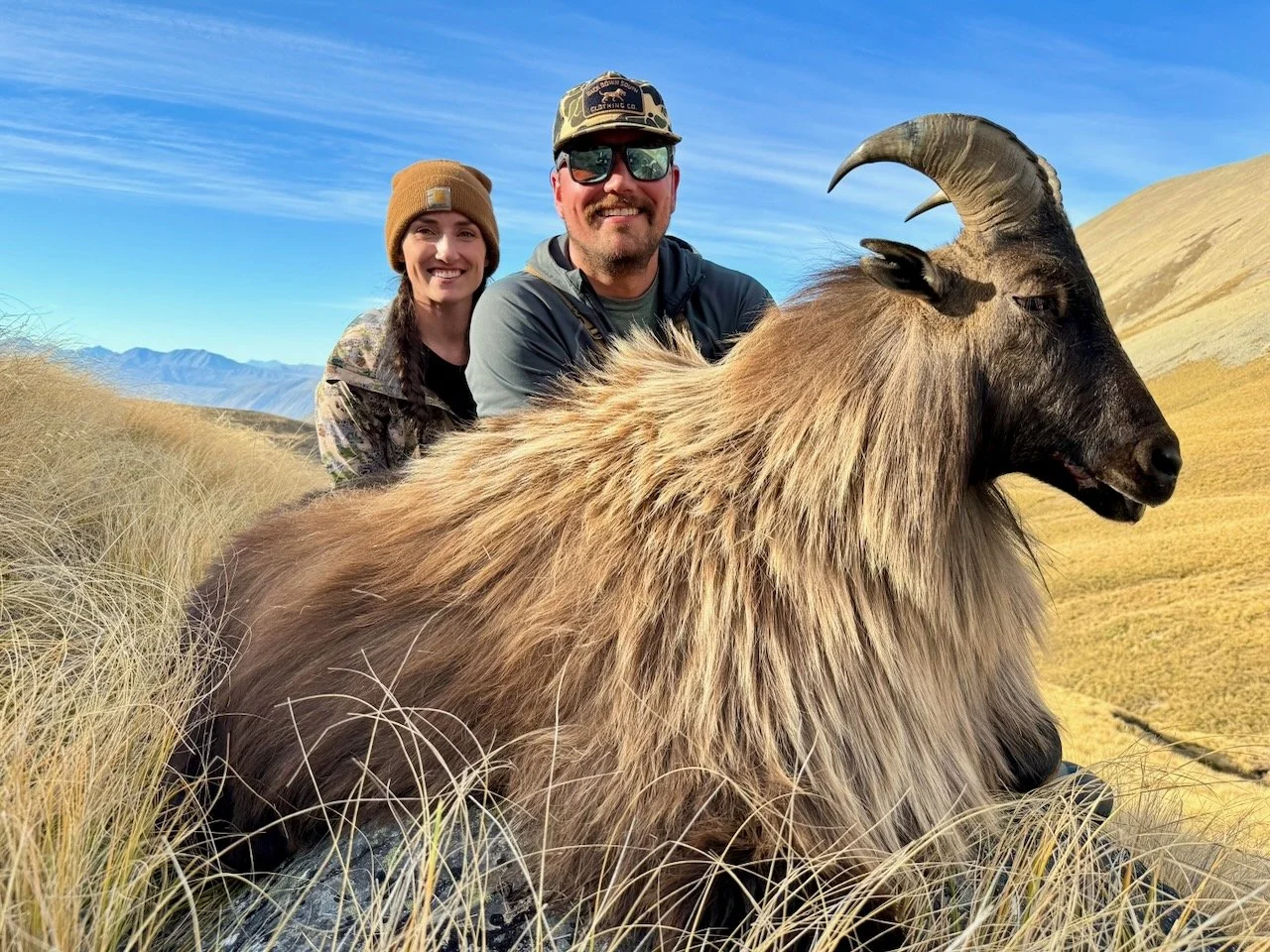 Two smiling people, a man and a woman, posing with a large mountain goat in a grassy mountainous landscape under a blue sky.